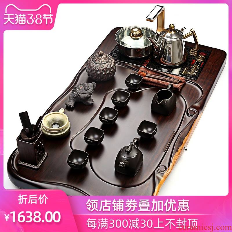 Large solid wood tea tray was your up of a complete set of kung fu tea sets ceramic tea set four unity induction cooker electric hot tea set