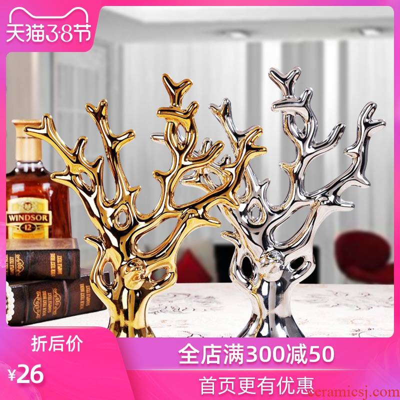 Ceramic crafts creative furnishing articles sitting room TV cabinet decoration wedding gift of gold and silver rich tree small ornament
