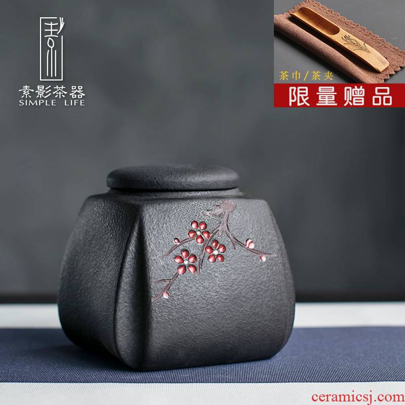 Element shadow small household ceramic tea caddy fixings sealed tank storage tank hand - made name plum mei pot