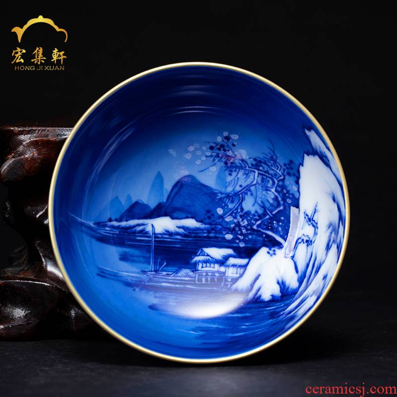 Jingdezhen kung fu tea cups master cup cup single cup sample tea cup hand - made paint snow blue and white porcelain cup