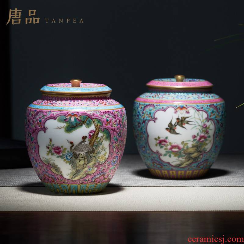 Colored enamel medallion of flowers and birds around branch lotus caddy fixings pine crane, pink small jingdezhen ceramic kung fu tea set