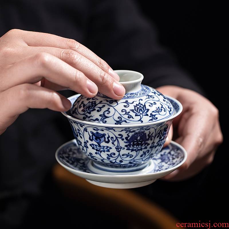 Clock home up to burn tureen single jingdezhen blue and white tie up branches in a three to make tea cup pure manual large bowl