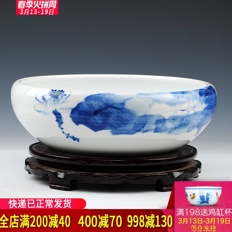 Blue and white hand draw freehand brushwork in traditional Chinese jingdezhen ceramics shallow goldfish GangPen refers to the lotus pond lily home furnishing articles
