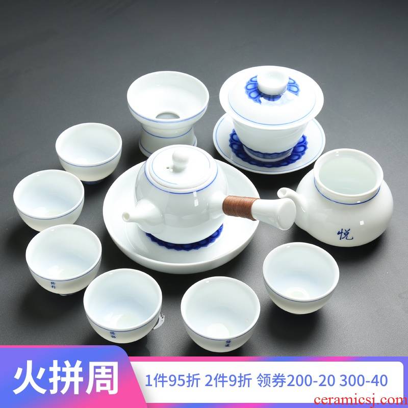 Are young kung fu tea set of blue and white porcelain household contracted white porcelain tea set big teapot tea hai tian, porcelain cups