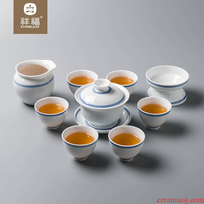 Happy auspicious new tea set gift box kung fu tea cups of jingdezhen blue and white porcelain hollow out a whole set of honeycomb ceramics