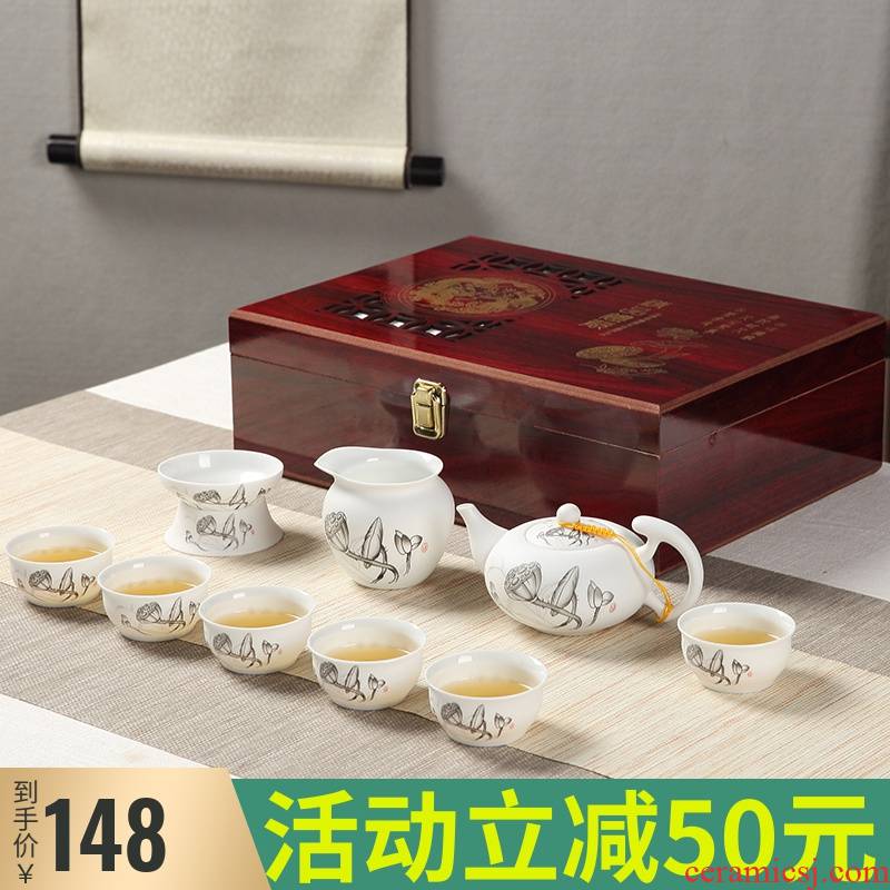 Ceramic kung fu tea set household contracted jingdezhen porcelain eggshell porcelain cup teapot high - end gift box