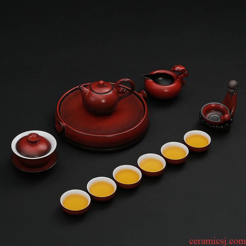 Zhuo royal rainbow after getting a complete set of ceramic kung fu tea sets suit household rust red teapot teacup gift box