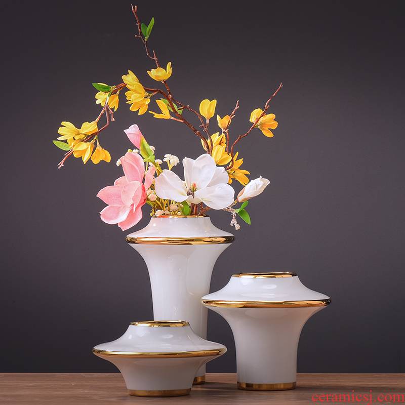 Jingdezhen gold - plated flying saucer ceramic vases, dried flowers, flower arrangement of new Chinese style household decorative furnishing articles of I and contracted