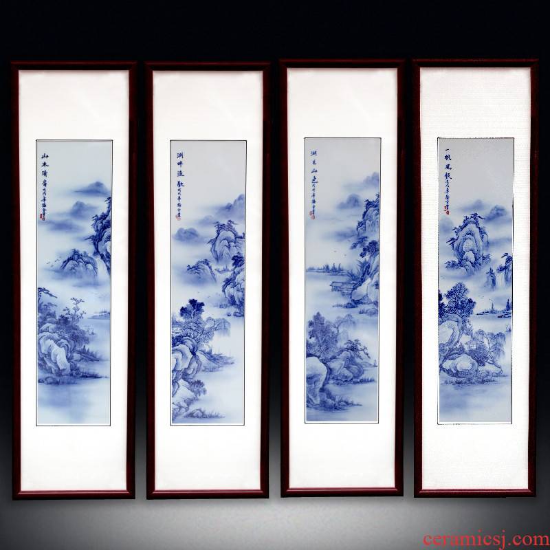 Jingdezhen ceramic blue and white porcelain plate painting landscapes painting hand - made four screen adornment home sitting room background wall hangs a picture