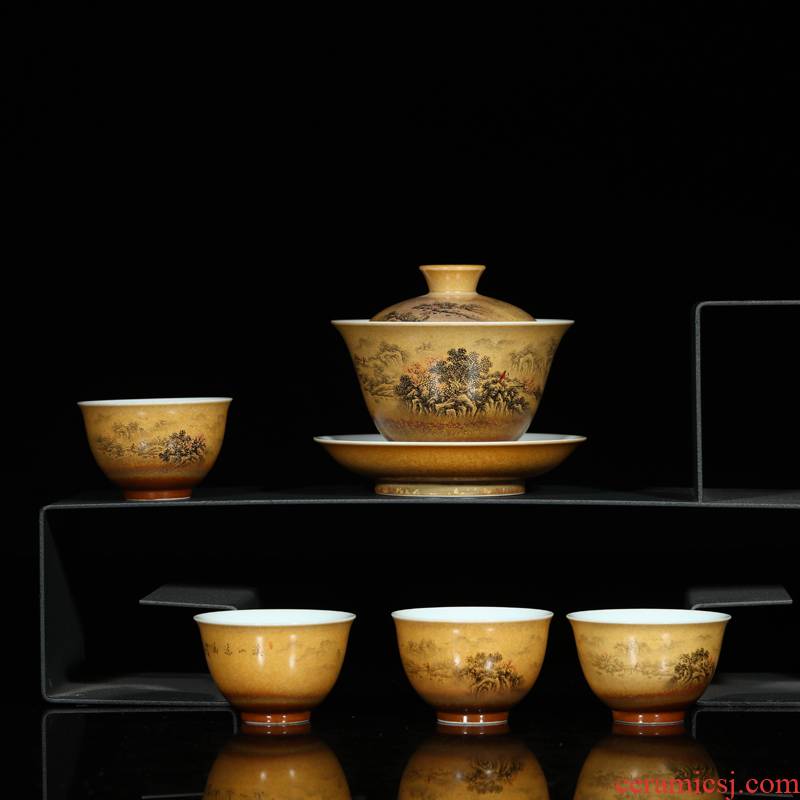 Offered home - cooked in jingdezhen porcelain tureen tea set three bowl is only pure manual tea color glaze ceramics handless small cups