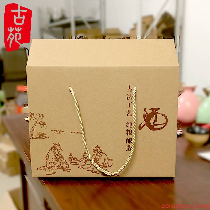 The ancient garden ceramic bottle with parts 2 catties 2 bottles of kraft paper boxes general portable gift boxes liquor of rice wine