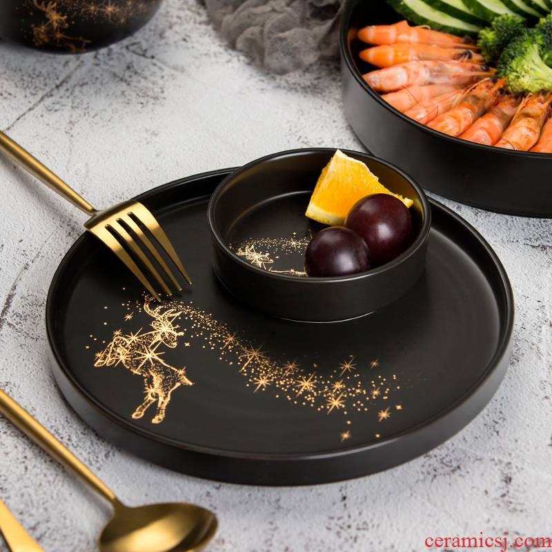 Nordic creative ceramic tableware, household dish dish dish beefsteak plate, black deer rice bowls rainbow such as bowl soup bowl
