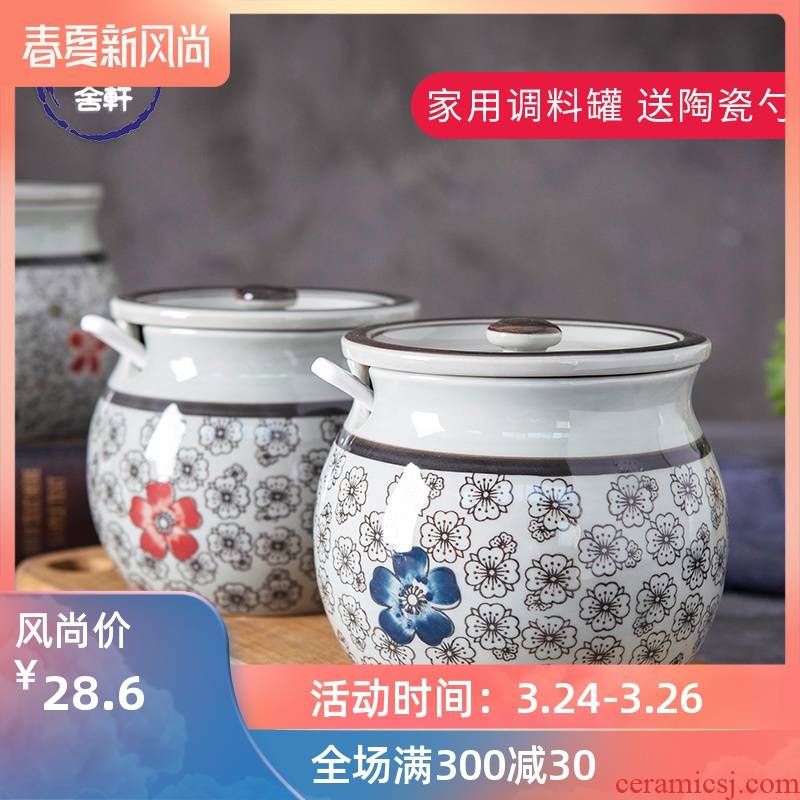 Flavor pot home under glaze color porcelain Japanese kitchen tank creative salt shaker sugar pot spice bottles with a spoon