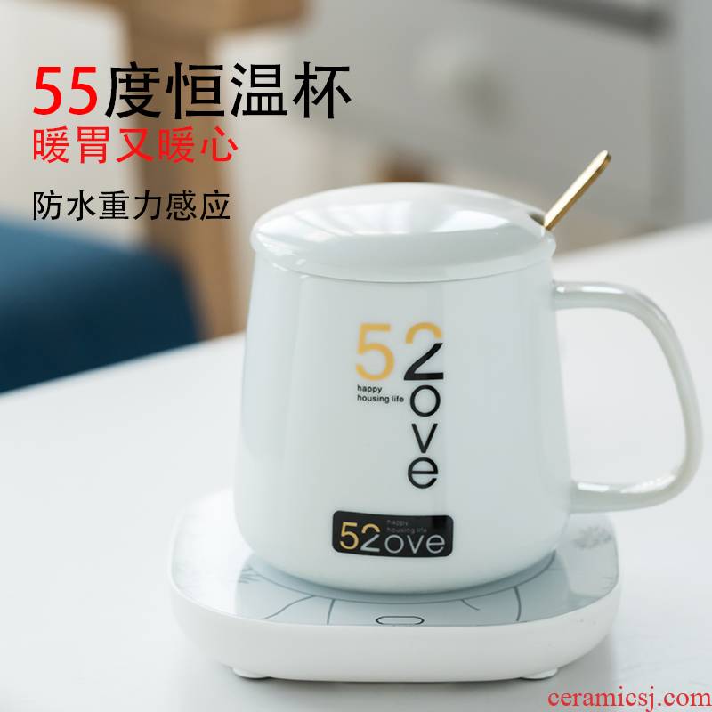 A Warm cup of 55 degrees thermostatic heating ceramic cup personalization mark cup with cover teaspoons of men and women home coffee cup