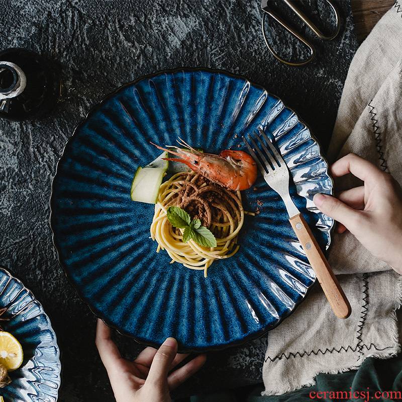 Tao soft Japanese retro blue ceramic tableware steak western food dish fruit bowl dishes dish round flat shallow dish