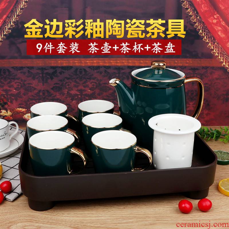 Gold, ceramic tea with 9 sets tea sets up phnom penh European ceramic tea cup teapot tea tray