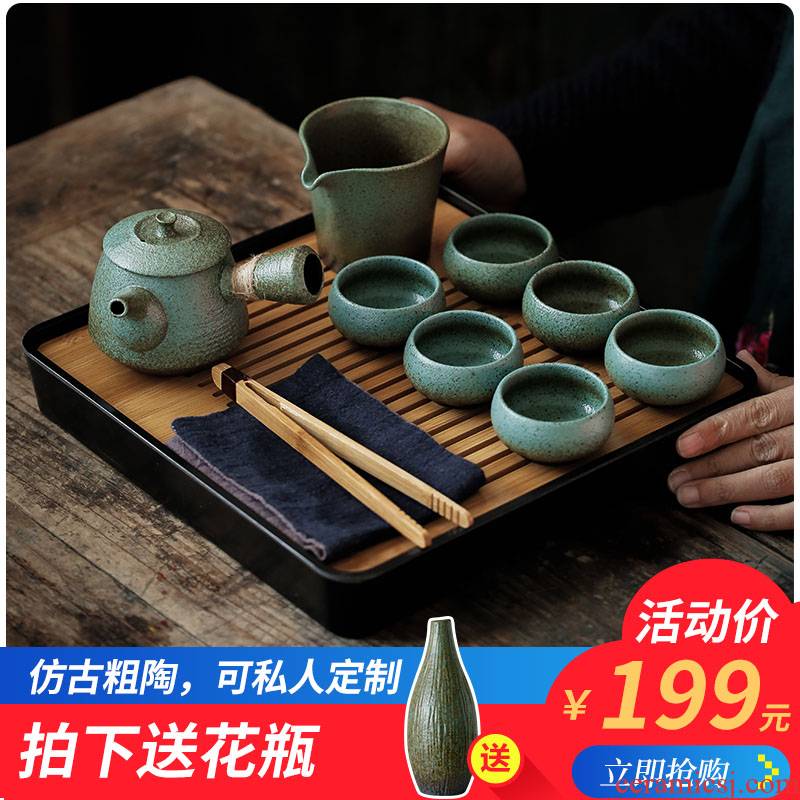 ShangYan whole household kung fu tea set contracted Japanese dry tea tray was coarse pottery teapot teacup saucer restoring ancient ways