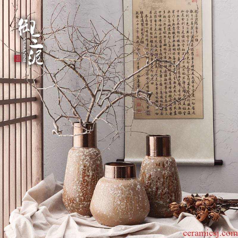Light the key-2 luxury of I and contracted ceramic vases, dried flower adornment furnishing articles coarse some ceramic pot flower arranging restoring ancient ways, thick mud brown black copper