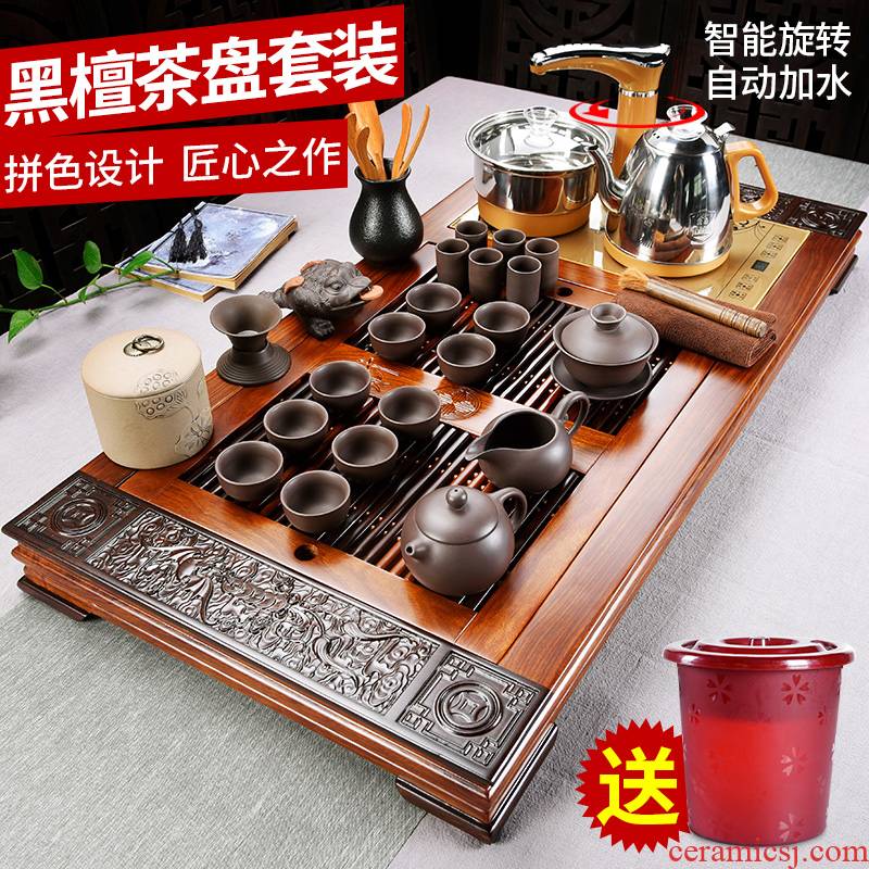 Beauty cabinet ebony tea tray edge solid wood carving log tea set household automatic violet arenaceous kung fu tea tea taking