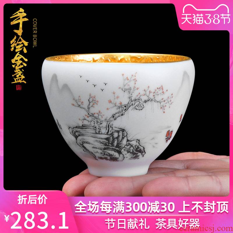 Hand - made gold white porcelain teacup 24 k gold home yellow marigold dehua suet jade porcelain ceramic masters cup sample tea cup