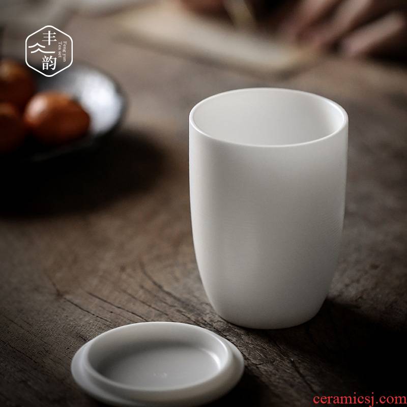 High matte enrolled dehua white porcelain office glass checking ceramic tea cup with cover large capacity suet jade cup