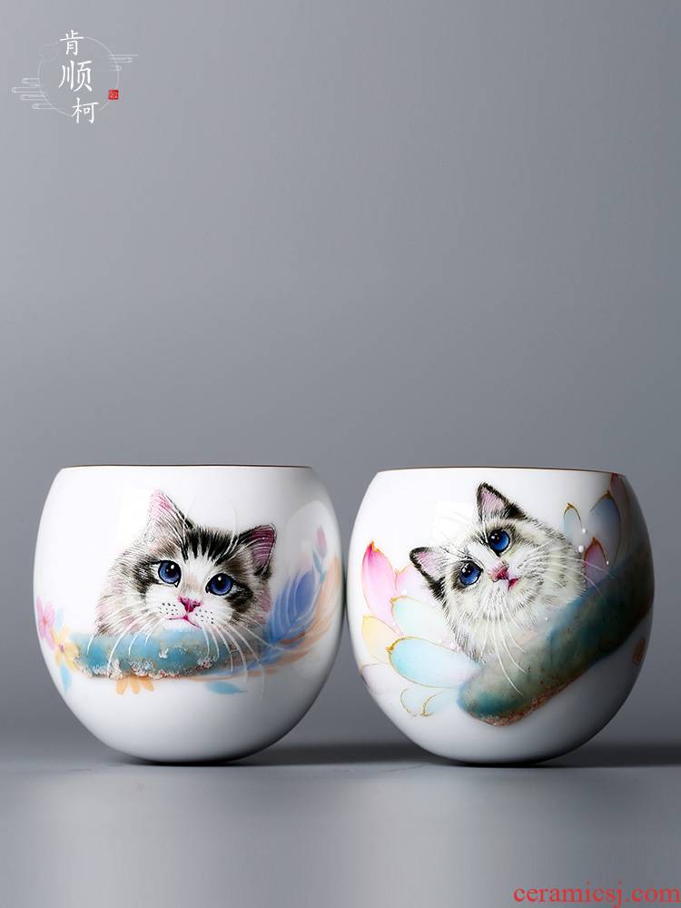 Jingdezhen porcelain cup hand - made the master sample tea cup cup of pure manual cat single CPU high - end ceramic kung fu tea set