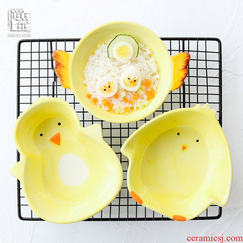 Express cartoon baby chicks eat rice bowl bowl dish of children assist food bowl of hand - made of ceramic tableware bowl dish plate