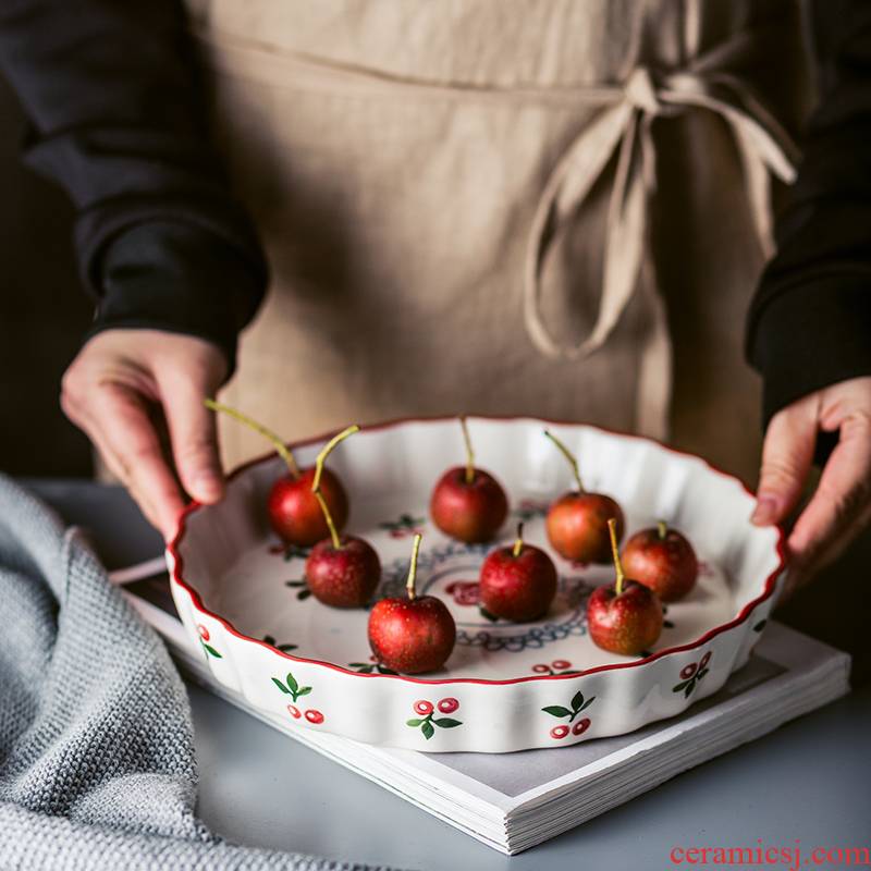 9.5 inch Hand - made under glaze color cherry, lovely ceramic pie pan pan household oven with large soup plate round plate