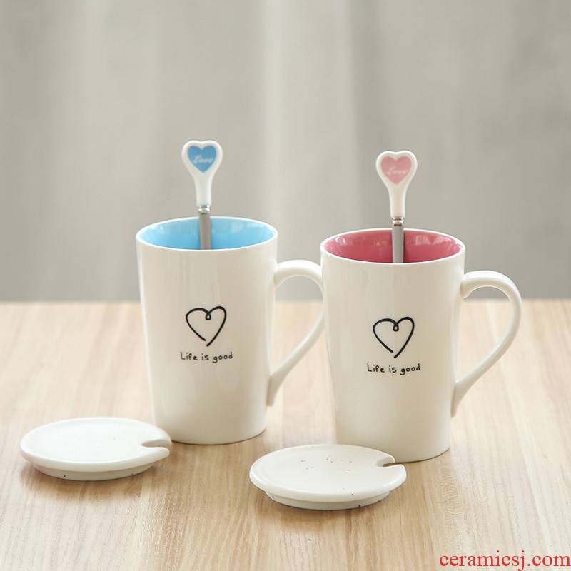 Keller Ceramic cup mark cup with cover love spoon coffee cup breakfast cup of love couples cup send girlfriend koubei