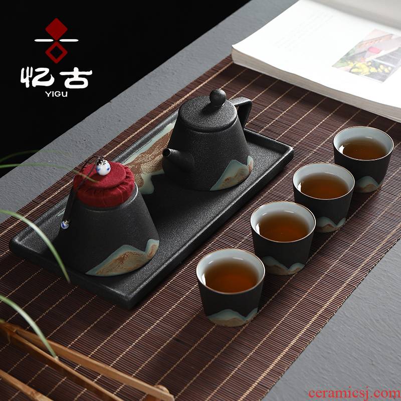 Have the ancient mountains glaze painting color tea set of kung fu tea set household creative ceramic tea pot of a complete set of Japanese tea sets