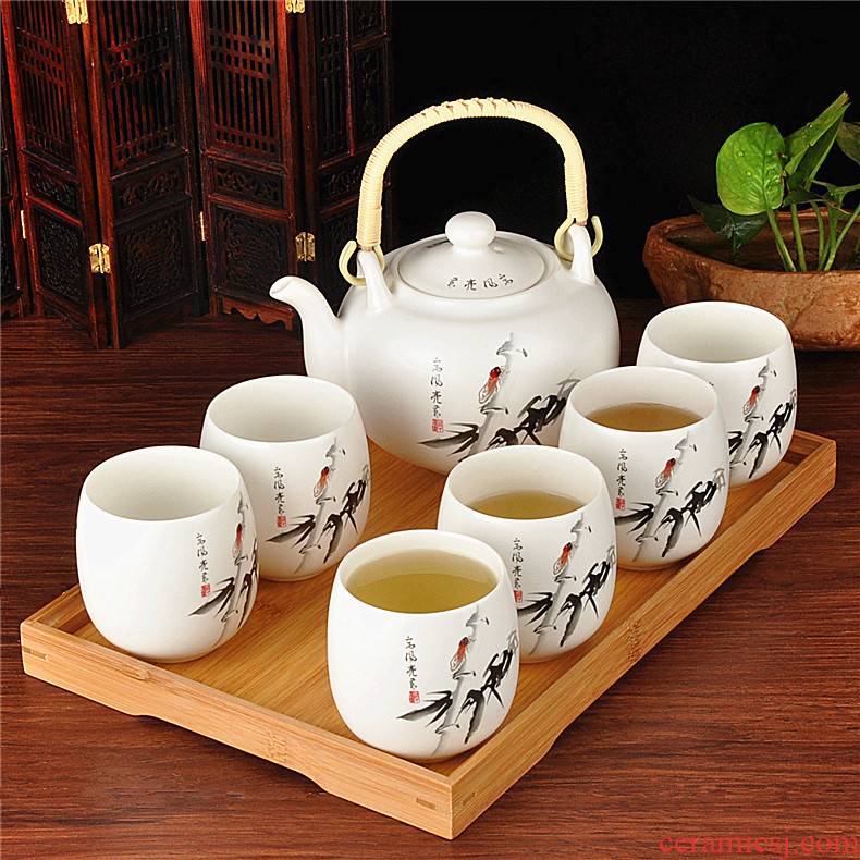 Bamboo tea tray was 7 cool head (send) of jingdezhen ceramic tea set girder kettle pot teapot teacup single CPU suits for