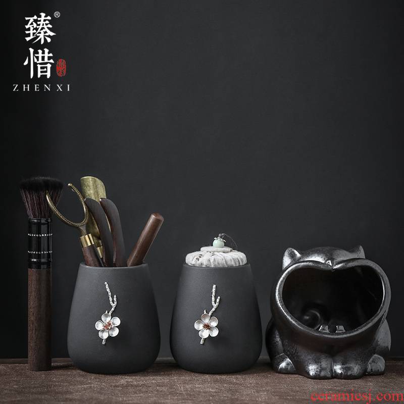 Become precious little black pottery tea six gentleman 's suit household ebony wood tea knife furnishing articles kung fu tea set spare parts