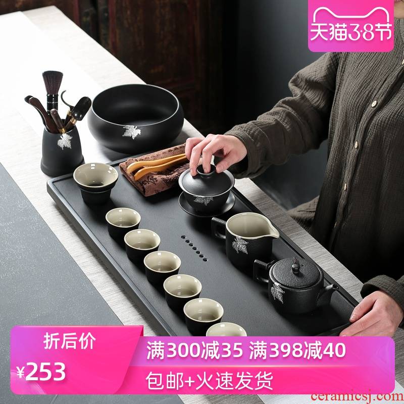 Poly real (sheng ceramic tea set suit household kung fu tea set suit sharply stone solid wood tea tray was I and contracted office