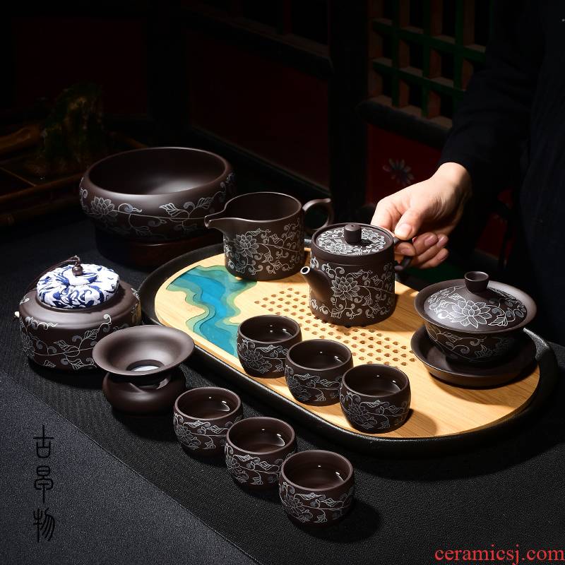 Violet arenaceous kung fu tea set suit household contracted tasted silver gilding ceramic yixing ore of a complete set of purple sand teapot teacup tureen