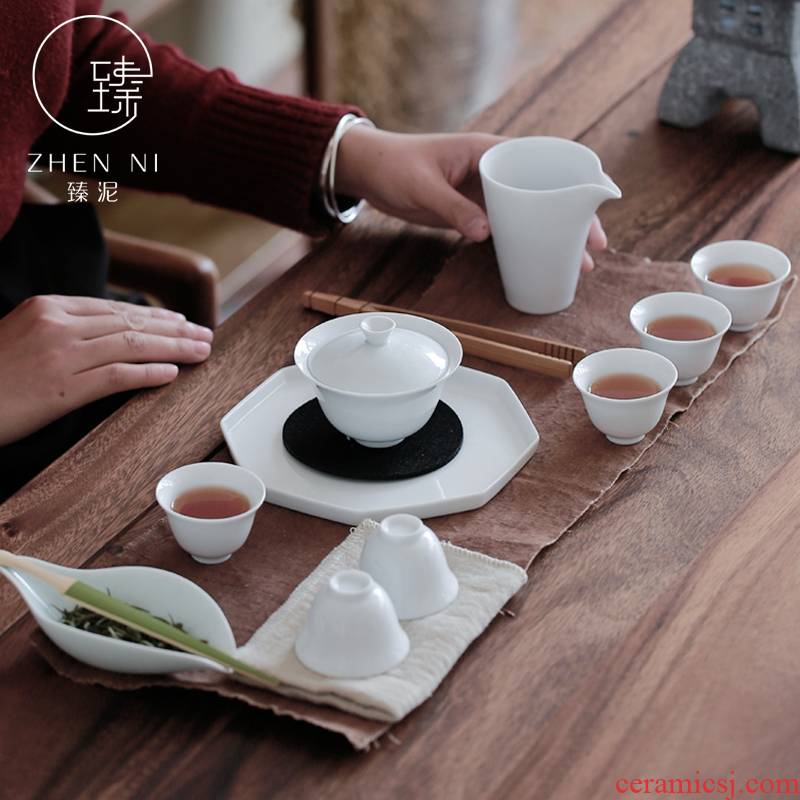 "White porcelain tea set manual mud tureen kung fu tea cups set of household ceramic tea set gift boxes