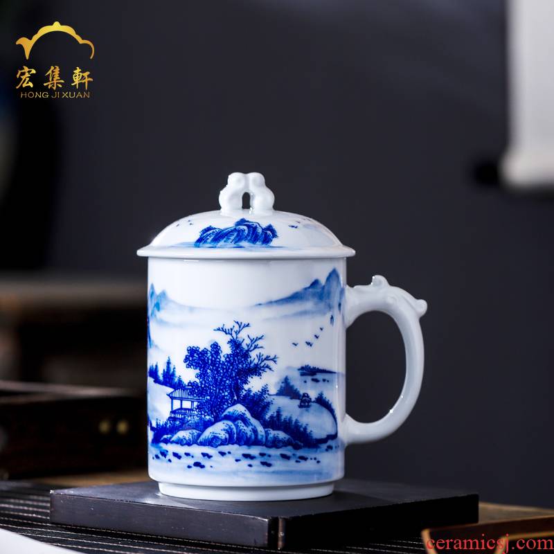 Jingdezhen porcelain teacup tea cup office take cover hand - made scenery male large capacity high water cup
