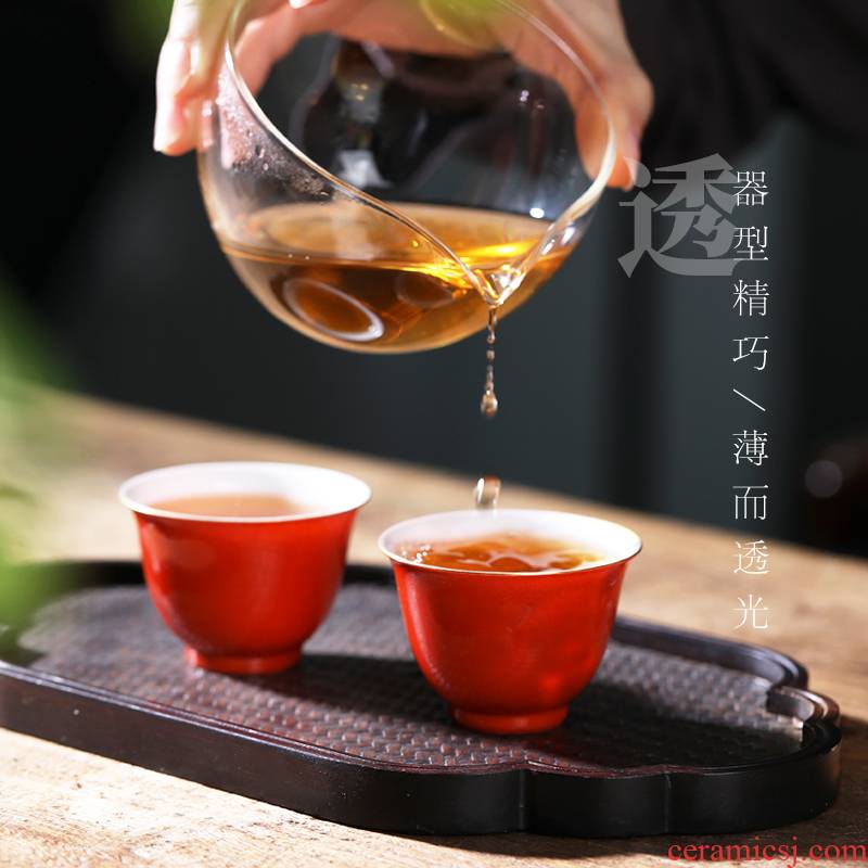 Coral red kung fu tea cups thin body porcelain sample tea cup, master cup single cup of jingdezhen ceramic tea cups