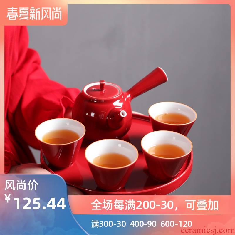 Poly real (sheng ji red pot four cups of tea set ceramic teapot teacup home side kung fu tea sets dry tea tray
