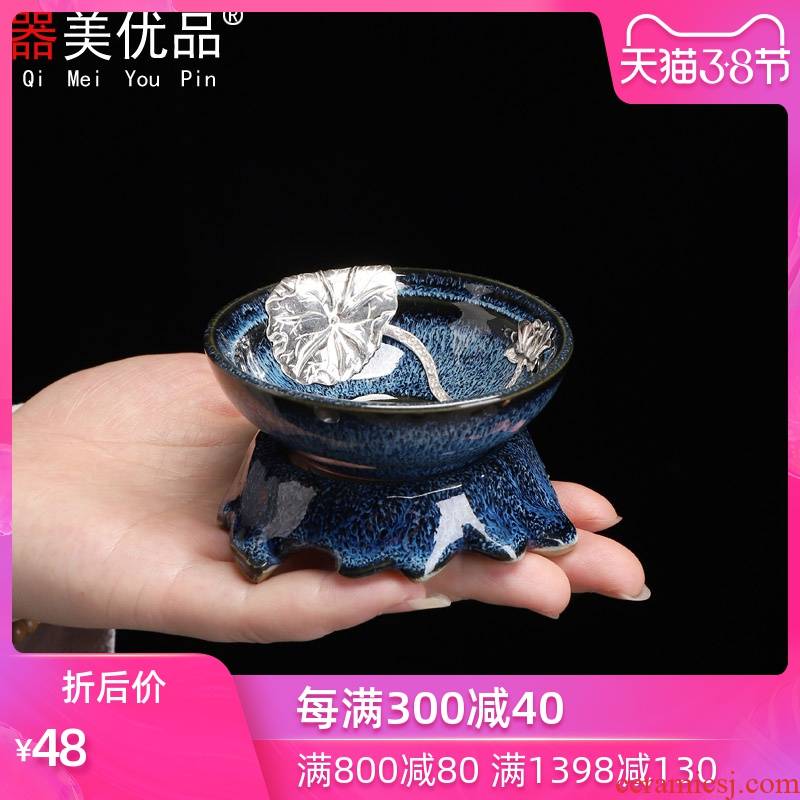 Beauty apparatus has excellent tea tasted silver gilding) built light red glaze tea strainer obsidian ceramic bracket kung fu tea set with parts