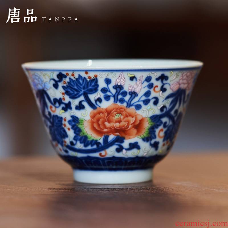 The Bucket color blue and white tie up branch master of jingdezhen ceramic cups all hand painting old alum flowers red peony cup gift giving