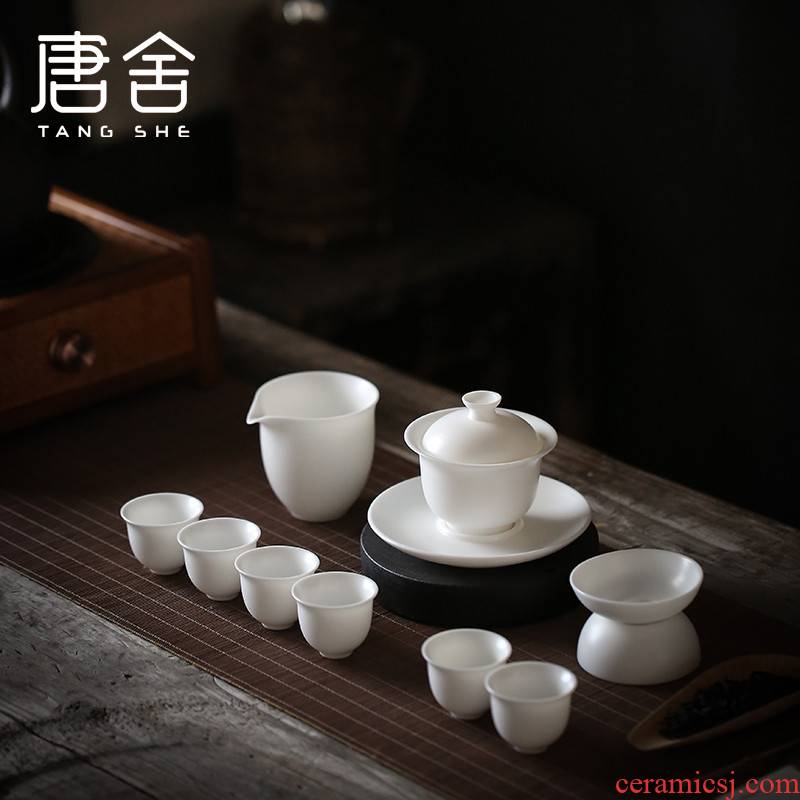 Don difference up high - end manual suet jade white porcelain of a complete set of kung fu tea set jade porcelain filtering tureen tea cups