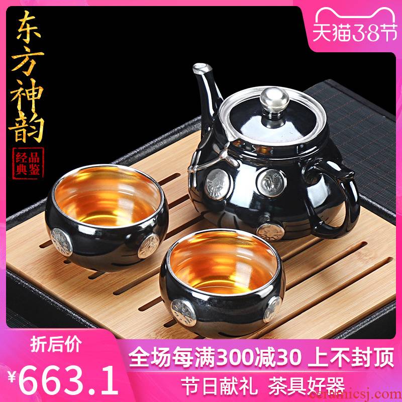 Tasted silver gilding crack Japanese household ceramic cup a pot of two CPU office portable travel kung fu tea set