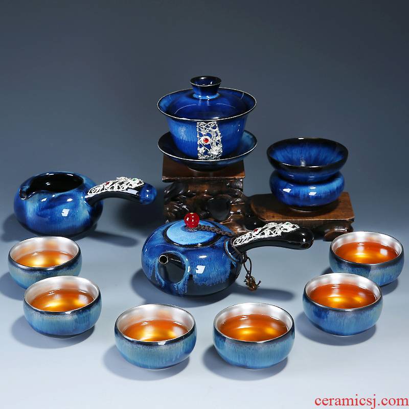 Ceramic coppering. As silver tea set TuHao built light office tea kungfu tea cups of a complete set of gift boxes