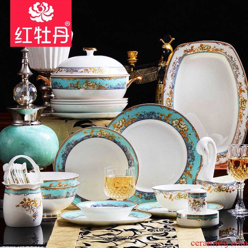 Red peony ipads porcelain tableware suit dish bowl suit dishes European - style key-2 luxury high - grade dishes suit household composition