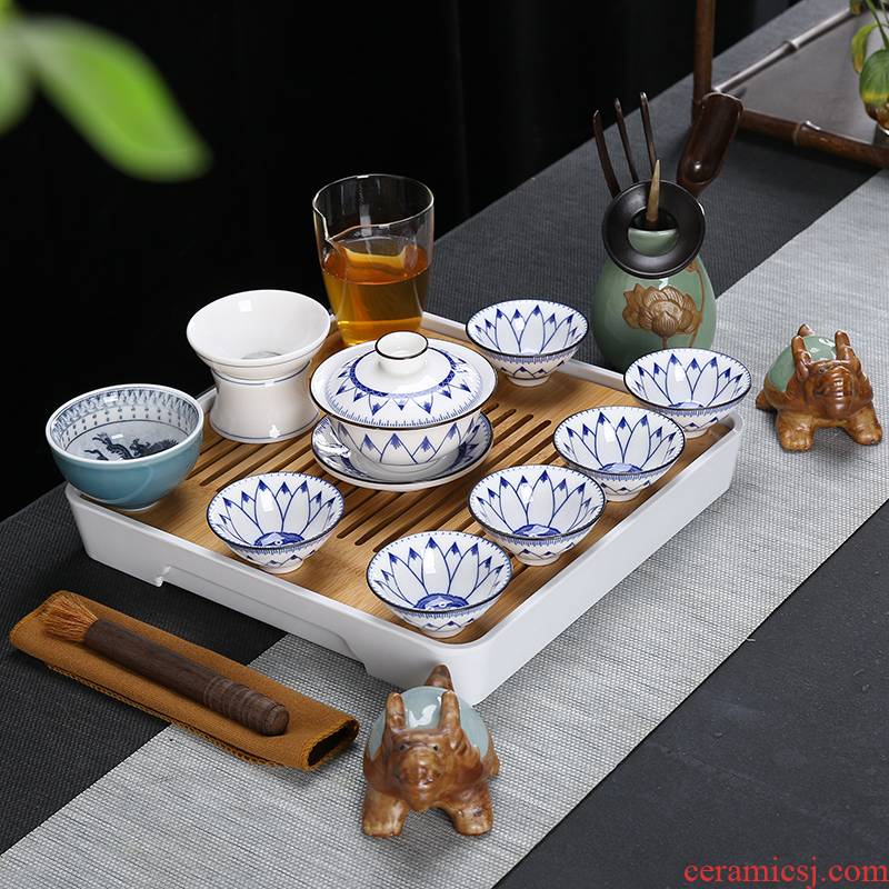 Suet jade pad printing of blue and white porcelain tea sets kung fu tea teapot teacup tea tea tea to wash the whole box