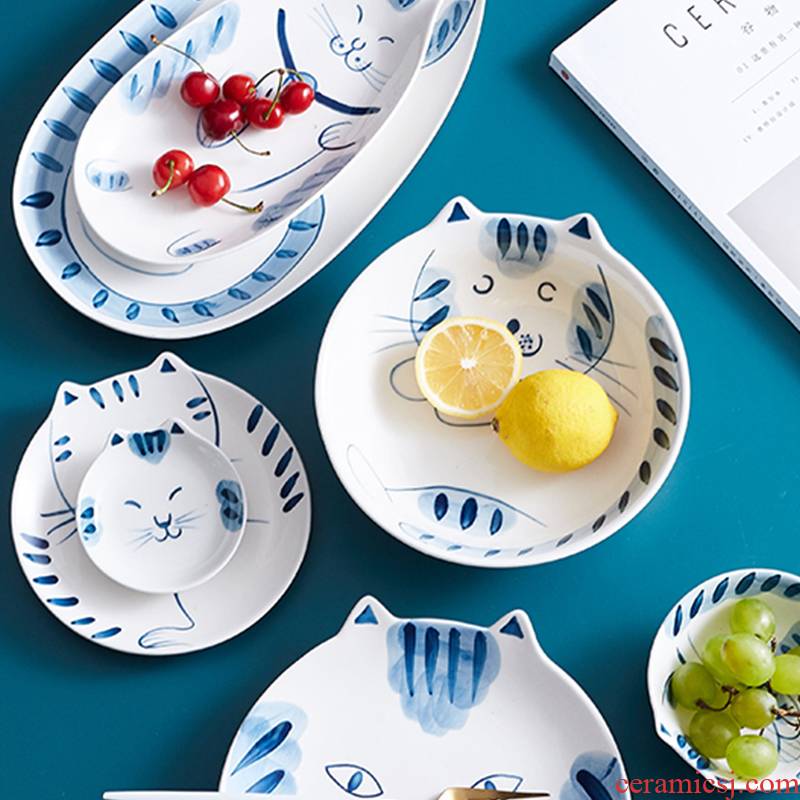 Mystery blue cat Japanese - style tableware under glaze color porcelain household sweet rice bowls oval dish dish breakfast tray