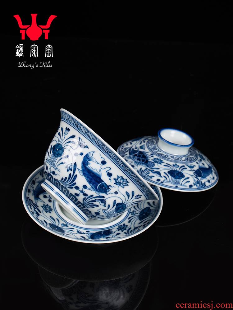 Tureen single clock home up jingdezhen blue and white only maintain three Tureen hand - made teacup tea Tureen fish grain to make tea