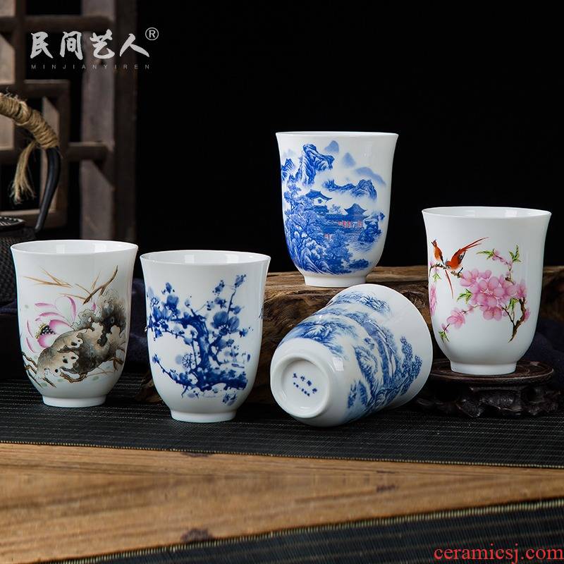 Shake hands of jingdezhen ceramic cup blue sample tea cup master cup personal cup kung fu tea cup large bowl