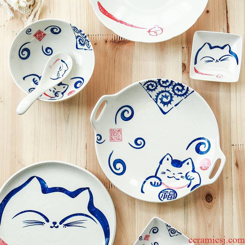 Element treasure Japanese plutus cat ceramic tableware household sweet rice bowls rainbow such as bowl bowl fish dish dish dish soup spoon