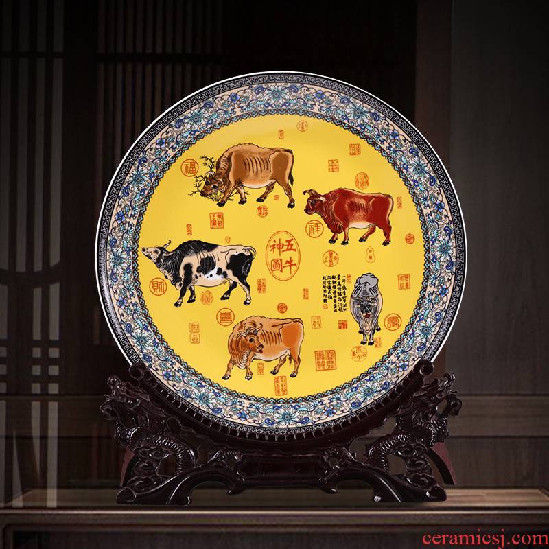 Jingdezhen ceramic five NiuTu household of Chinese style rich ancient frame hang dish decorative plate is placed in the sitting room porch handicraft